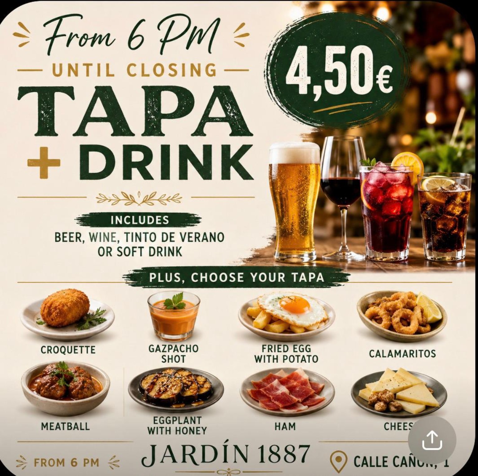 Tapa y bebida desde las 18:00 hasta el cierre
